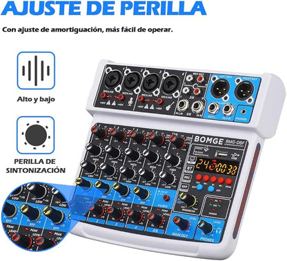 BOMGE 6 Channel mini DJ Audio sound mixer console with USB interface, Bluetooth, Stereo Recording, 48V Phantom Power, 24 DSP effects for karaoke, singing, live，streaming，pc recroding. (white)