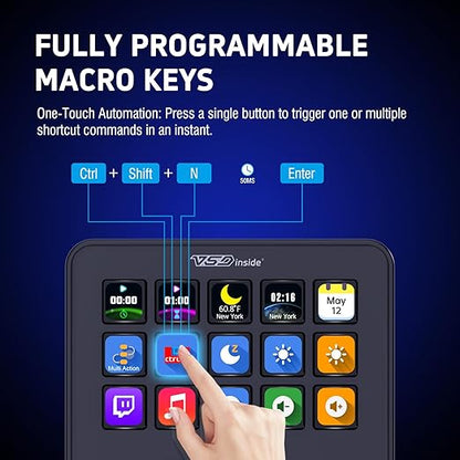 VSDINSIDE Macro Keypad, Stream Controller Deck Gaming Streaming Shortcut Keyboard, 18 Programmable Keys Customizable Visual AI Pad USB Soundboard for OBS, YouTube, Desk Office Setup, Laptop, PC, Mac
