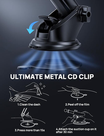 Adjustable Windshield Phone Mount for Car, Suction Cup Dashboard Holder for All Cell Phone, (+Vent Hook) [Military Grade Stable], Non-Slip Silicone Carbon Fiber, (Black)