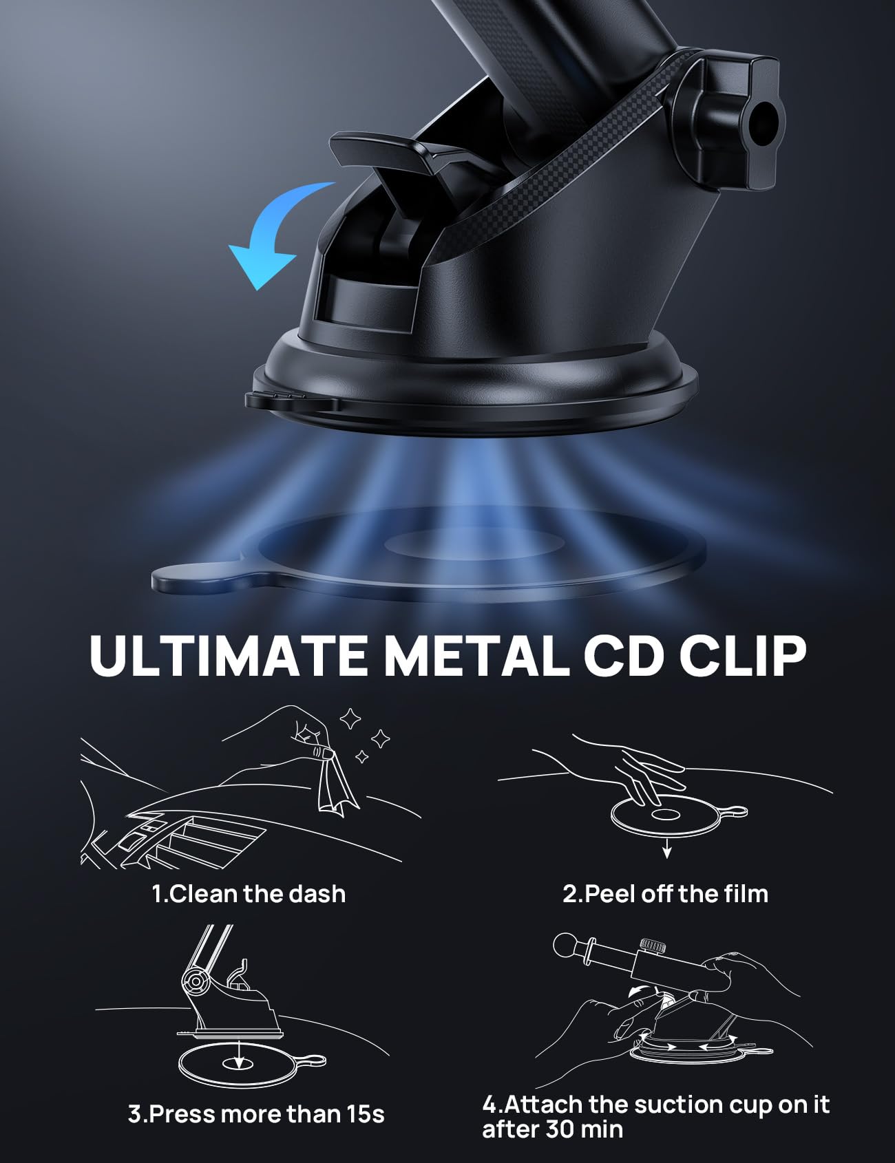 Adjustable Windshield Phone Mount for Car, Suction Cup Dashboard Holder for All Cell Phone, (+Vent Hook) [Military Grade Stable], Non-Slip Silicone Carbon Fiber, (Black)