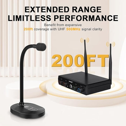 4-Channel Wireless Conference Microphone System, UHF Compact Cordless Mic Set w/ 4x10 Frequencies, 200ft Range, 4 Gooseneck Mics for Lecture, Church, Conference, Public Speaking (MWM-41-4G)