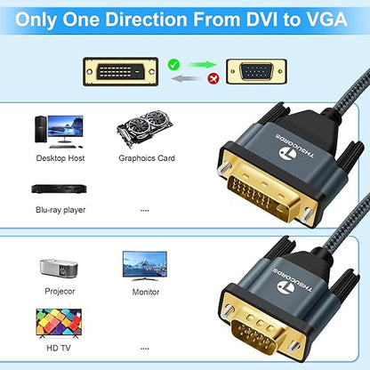 DVI to VGA Cable 3.3FT, Uni-Directional DVI-D to VGA Adapter Male to Male Gold-Plated Braided 1080P Full HD Cord for HDTV, PC,Laptop, Monitor, Projector