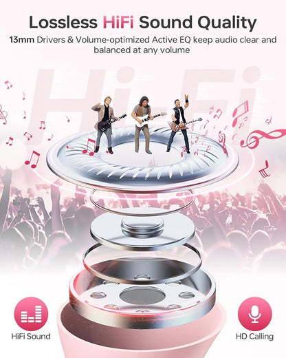 Wireless Earbuds Bluetooth 5.3 Headphones, 40Hrs Playback Stereo Ear Buds with LED Display Charging Case IPX7 Waterproof in-Ear Earphones with Mic for Phone Tablet Laptop Sports, Pink