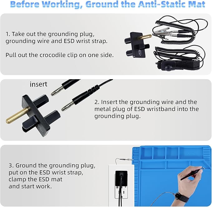 Kaisi Large Anti Static Mat with Grounding Accessories,Heat Resistant Silicone Soldering Mat,Magnetic Work ESD Pad for pc building, Electronics, Laptop, Cellphone Repair Soldering 21.6" x 16.9"