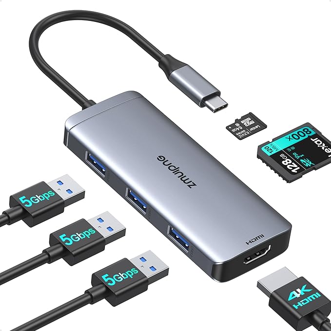 USB C Hub Adapter for MacBook Air, USB-C HD MI Dongle for MacBook Pro, 6 in 1 USBC HDMI Multiport Adapter Mac Converter with 4K HDMI, 3 USB 3.0,SD/TF for Dell XPS, HP, Surface and Other Type C Devices
