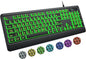 Large Print Keyboard - 7 Interchangeable Backlight Colors, Light Up USB Wired Computer Keyboards, USB Plug-and-Play, Foldable Stands, Corded Full Size Keyboard for Windows, PC, Laptop