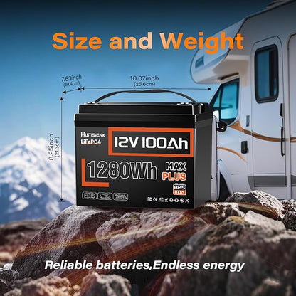 12V 100Ah LiFePO4 Battery MAX PLUS 2 Pack - 110A BMS with Low Temp Cutoff | 15000+ Deep Cycles for RV Solar Marine Trolling Motor | Off-Grid Backup Power Rechargeable Lithium Iron Phosphate Battery