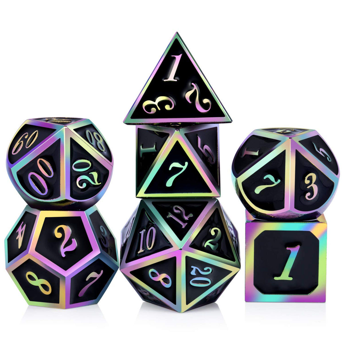 DNDND Metal Dice Set D&D, 7 die Metallic Polyhedral Dice Set with Gift Metal Box and Gold Number for DND Dungeons and Dragons Role Playing Games (Black and Gold)