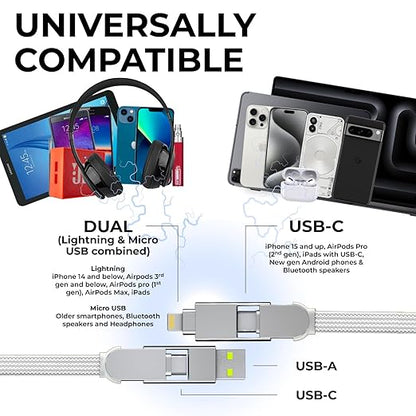 Rolling Square inCharge XL 30cm - USB C Charger Cable, Lightning for Smartphone, Universal 6 in 1, USB Plug, Glacier White, 100W