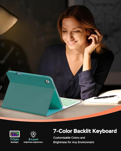 Keyboard Case for iPad 9th 8th 7th Generation 10.2" - 7 Colors Backlit Detachable Folio Keyboard Cover with Pencil Holder for iPad Pro 10.5" / iPad Air 3rd Gen (Cyan)