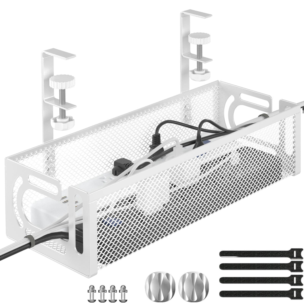 Under Desk Cable Management Tray, 15.7'' No Drill Steel Desk Cable Organizers, Wire Management Tray Cable Management Rack (1 Pack-White)