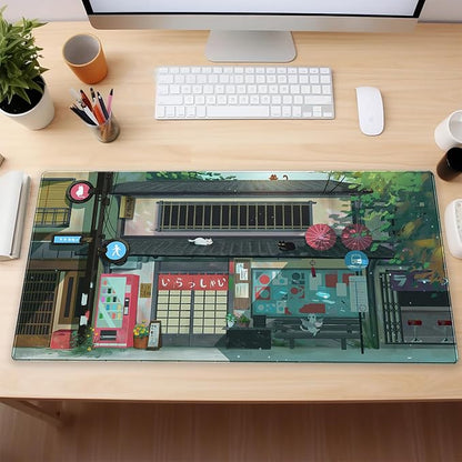 Kawaii Anime Cat Gaming Desk Mat Pad XL Large Mouse Pad (31.5"x15.7") Mouse & Keyboard Desk Pad with Stitched Edge, Vibrant Green Design for Home Office & Computer Gaming Setup