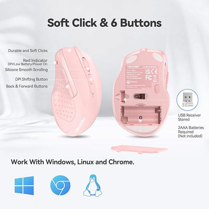 TECKNET Wireless Mouse, 2.4G Ergonomic Optical Mouse, Computer Mouse for Laptop, PC, Computer, Chromebook, Notebook, 6 Buttons, 24 Months Battery Life, 4000 DPI, 6 Adjustment Levels