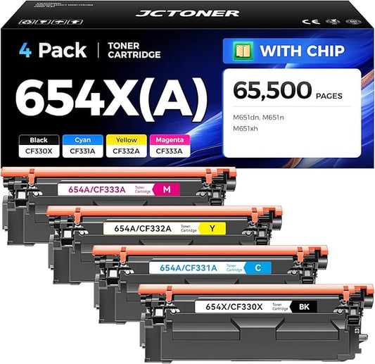 JCTONER 654X 654A Toner Cartridge Set 4-Pack High Yield Replacement for Printers Ink Black Cyan Yellow