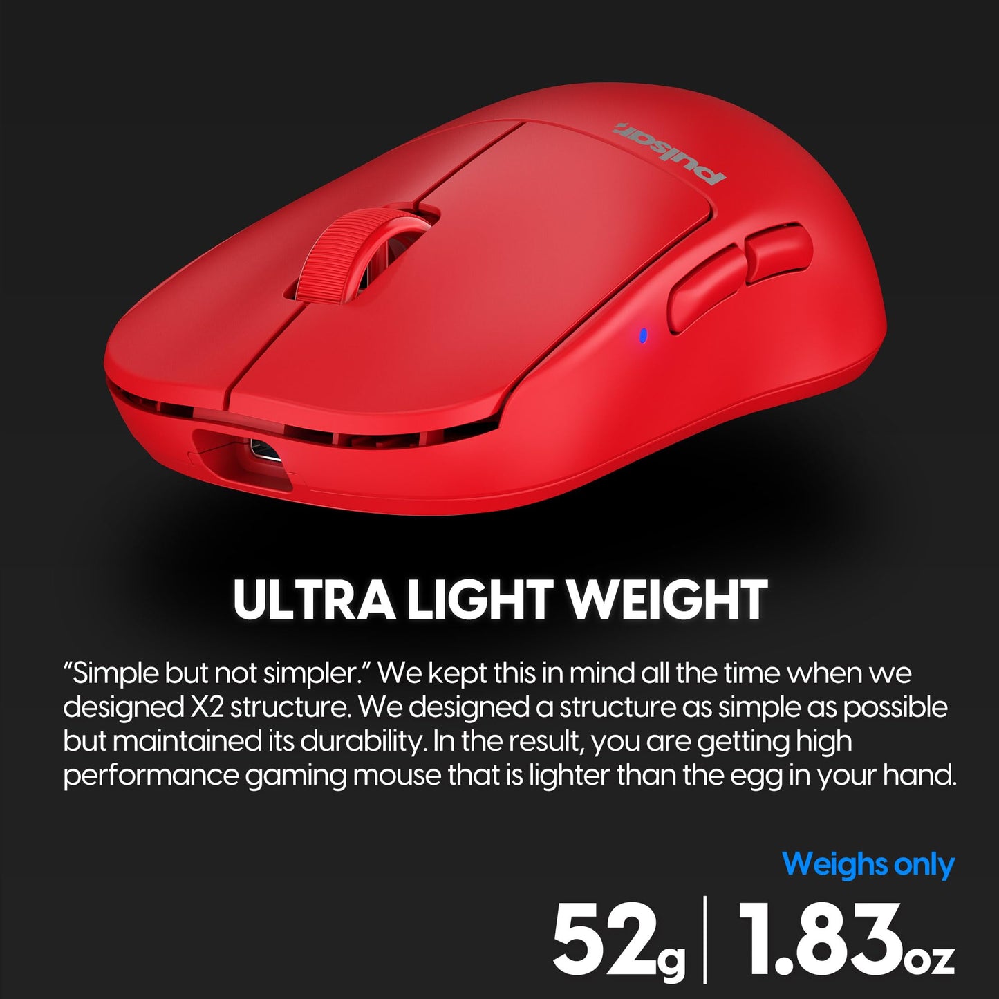 Pulsar Gaming Gears X2H mini Wireless Gaming Mouse, Limited Color Edition, Ultra Lightweight 1.83 oz (52 g), Symmetrical, Optical Switch, 26000 DPI, PAW3395 Sensor (Mini, Wireless, Red)