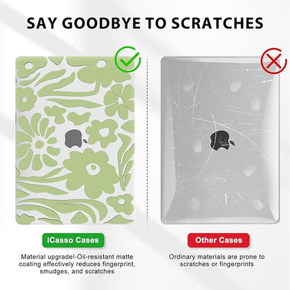 iCasso Compatible with MacBook Air 13 inch Case 2020-2018 Release M1 A2337 A2179 A1932, Green Flower Protective Hard Shell Case +Keyboard Cover + Screen Protector（Flower）