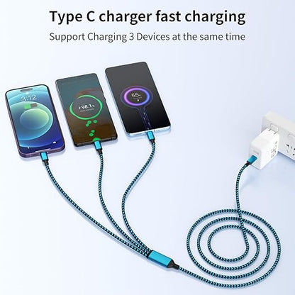 Travel Essentials,Dual Type-C 4 in 1 Multi Charging Cable, 3 FT Universal Charging Cables for All Devices, 2 USB-C/Lightning/Micro USB Port, Compatible with iPhone 17 16/15 Series/Phone/Tablet,Blue