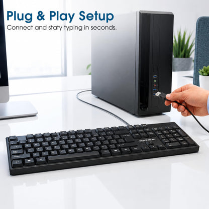 Manhattan Wired Computer Keyboard – Basic Black Keyboard - with 4.5ft USB-A Cable, 104-keys, Foldable Stands - Compatible for Windows, PC, Laptop - 3 Yr Mfg Warranty – 179324