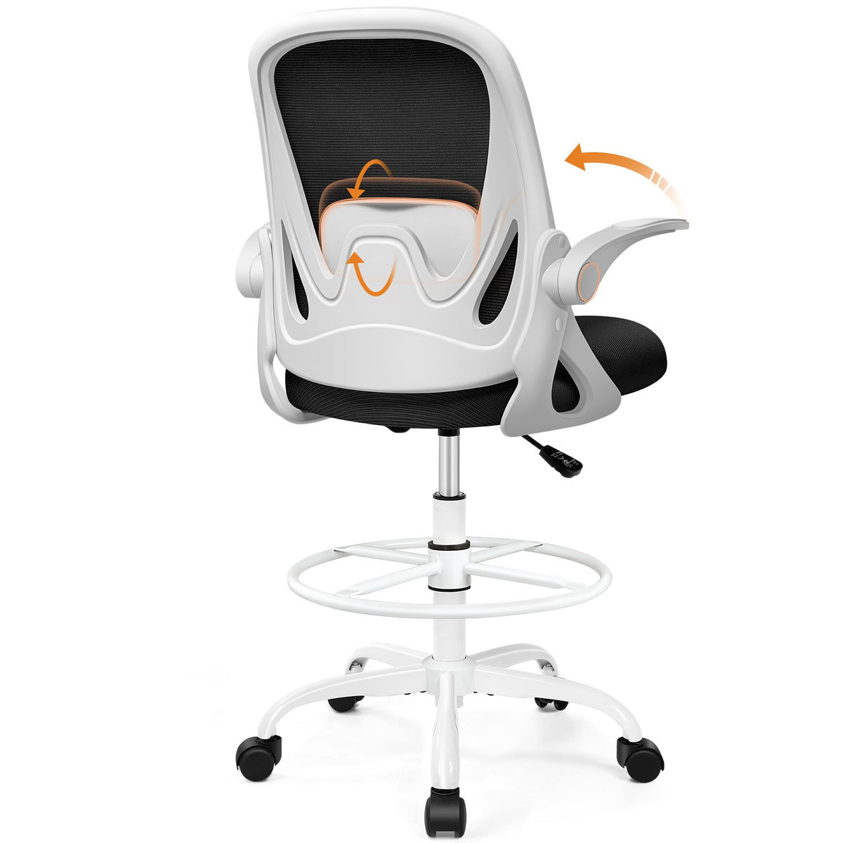Drafting Chair Tall Office Chair with Flip-up Armrests, Adjustable Height, and Enhanced Lumbar Support - Ergonomic Rolling Stool, Back Support, and Adjustable Foot Rest Ring Light Blue