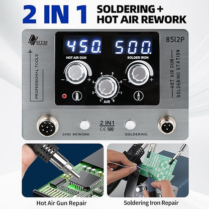 HengTianMei 720W Hot Air Soldering Station 2-IN-1 SMD Soldering Iron Station with 2 Helping Hands, 3 Soldering Tips, 5 Nozzles, Sleep Mode, Fast Heating, 392℉-932℉, for Electronics PCB Repair（8512P）