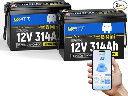12V 314Ah Lithium LiFePO4 Battery Mini with Bluetooth 5.0 BMS 200A, 4.01kWh Energy, Upgraded Aluminum Cooling Fins & Braided Copper Wires, upporting devices over 2000W (2 PCAK)