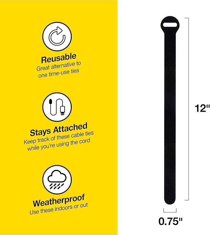 Self-Gripping Cable Ties by Wrap-It Storage - 12" (20-pack) Black