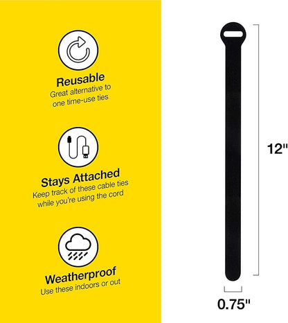 Self-Gripping Cable Ties by Wrap-It Storage - 12" (20-pack) Black