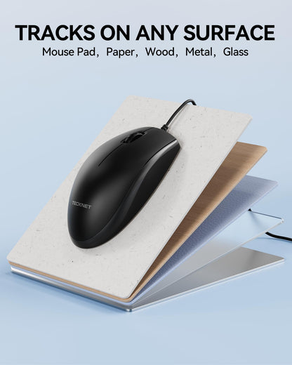 TECKNET USB-A Wired Mouse for Laptop Computer with 2-Button,Home and Office 5FT Corded Mouse, 1600DPI Ergo-Optic Shape PC Mouse Wired for Chromebook,PC,Desktop,Notebook-Black