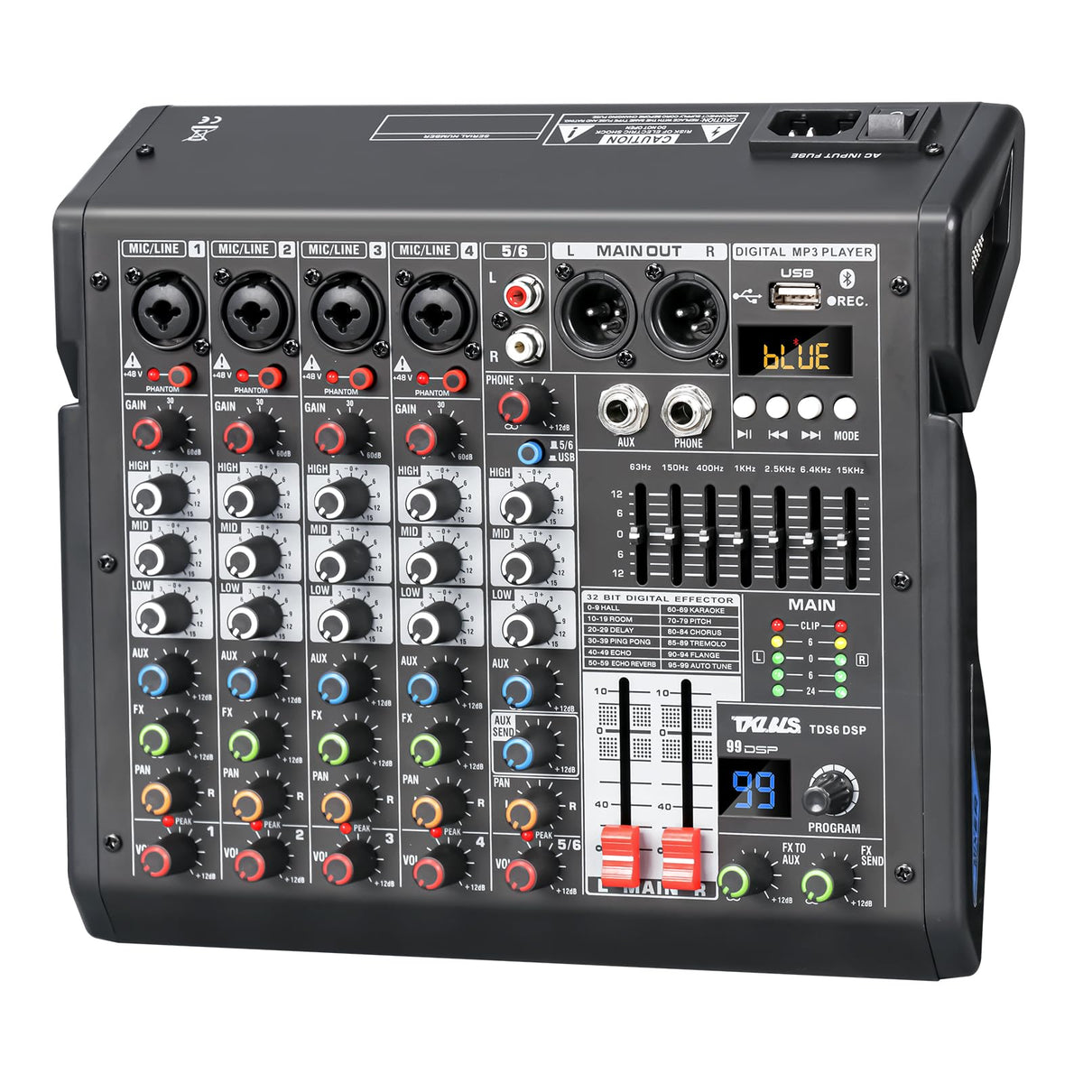 TKLBLS 4 Channel Audio Mixer for Home Audio, Sound Mixer Board with USB Interface, 99 DSP Effects, 48V Phantom Power, XLR Inputs for Karaoke, Recording