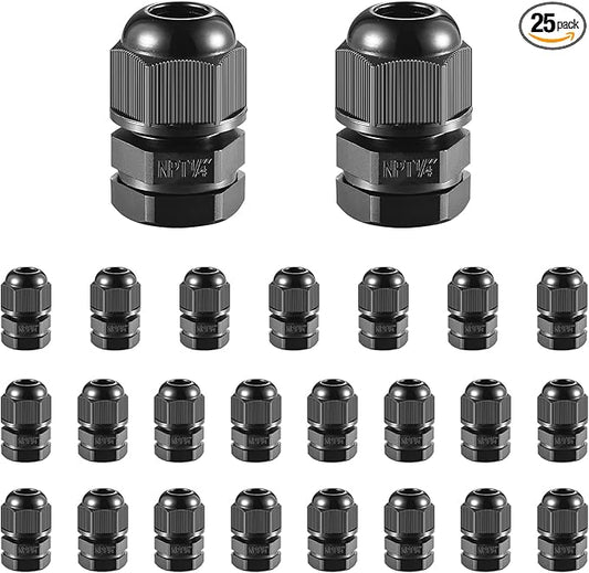 RTHIEAI 25 PCS 1/4"(4-8mm) NPT Nylon Cable Gland Joints with Gaskets, IP68 Adjustable Lock Nut Strain Relief Cord Grip Waterproof Cable Glands - UL Listed and RoHS Compliant