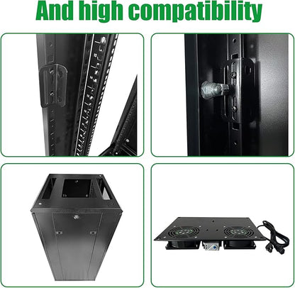 27U Server Cabinet Rack Enclosure,with Caster Wheels 2 Server Temperature Fans Locking Glass Door Removable Side Panels 27U Network Cabinet 22" Installation Depth,Standard 19" Equipment