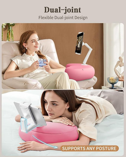 SAIJI Kindle Pillow Stand, iPad Stand Compatible with 4.7”-15.6” Kindle, Phone, iPad, 360° Adjustable Tablet Holder for Bed with Flexible Dual Axis Arm and Microbead Cushion (Pink)