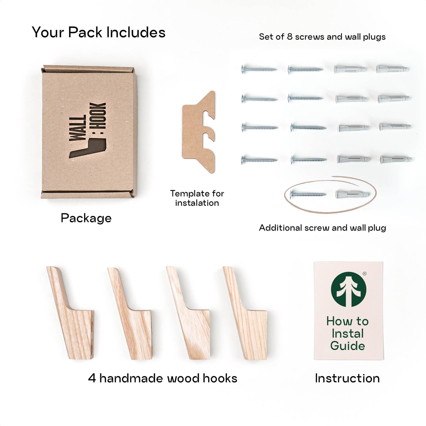 TheHrdwoodCom Wall Hooks - Set of 4 - Dark Walnut or Light Ash Wood Coat Hooks for Hanging Hat, Purse, Backpack, Bag, Jacket. Modern Farmhouse Decor for Wall and Practical Entryway Hooks (Ash Wood)