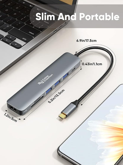 USB C Hub Multiport Adapter, CableCreation 7-in-1 USB C HDMI Hub with 4K 30Hz HDMI, 100W PD, 3 USB 3.0 5Gbps Data Ports, SD/TF Cards Reader for MacBook Pro/Air, iPad Pro, Pixelbook, XPS