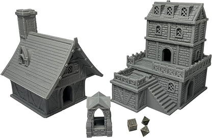 Medieval Miniature Building Terrain Set Compatible with Tabletop RPG War Games, Dioramas Building Set, Paintable, Gift for Tabletop Hobby Enthusiasts by HAUTICO (18mm Scale)