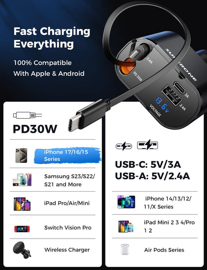 Retractable Car Charger 4 in 1 Fast Car Phone Charger Adapter with Type C & Apple Cords Compatible with iPhone 17/16/15/14/13/12/11, Galaxy, Pixel