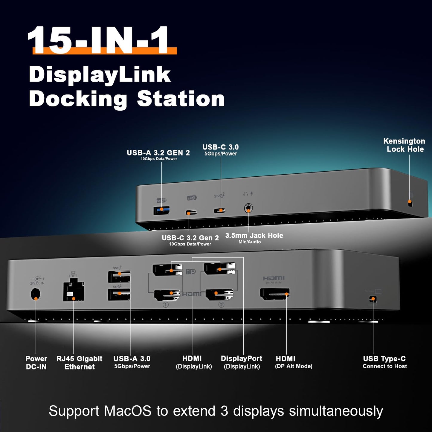 AUIMCE MacBook Docking Station 3 Monitors, Displaylink Laptop Docking Stations with 130W Power Supply,15 in 1 USB C Triple 4K Display Dock for MacBook Pro/Air and USB-C/A Port Computer (3 HDMI, 2 DP)