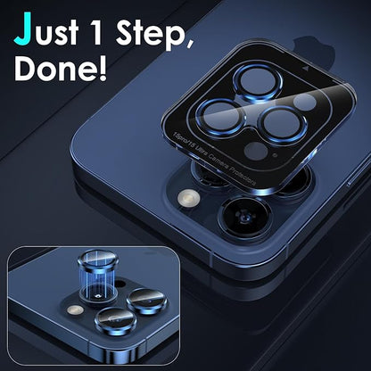 YWXTW CameraLens Protector,[1 Step Installation Tray] Tempered Glass Screen Metal Individual Cover Accessories Case Friendly (Blue Titanium) (iPhone 15 Pro/15 Pro Max)