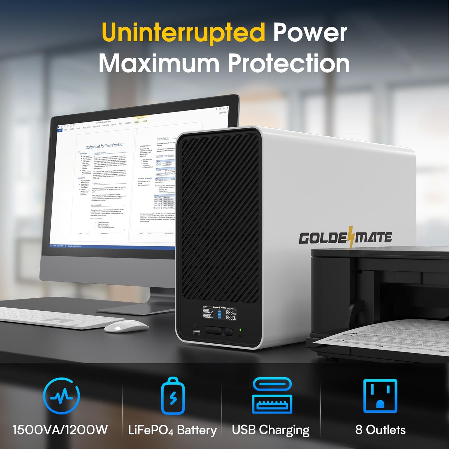 GOLDENMATE 1500VA/1200W Lithium UPS Battery Backup & Surge Protector, White