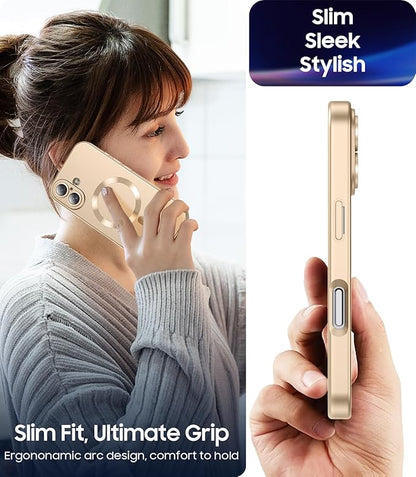 Magnetic for iPhone 16 Plus Case [Compatible with MagSafe][Built-in Camera Lens Protector] Slim Soft Silicone Bumper Shockproof Metallic Luster Phone Case (Gold)