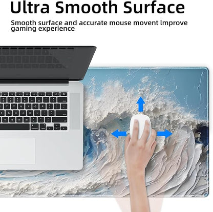 Galdas Gaming Mouse Pad XXL XL Large Long Extended Big Mousepad Non-Slip Rubber Keyboard Desk Pad with Stitched Edges for Laptop Home Office (31.5x11.8x0.08 Inch) … (Painting Waves)