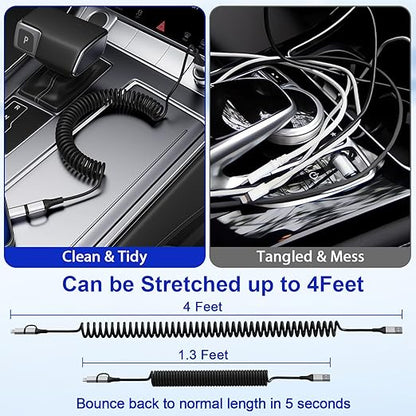 USB to USB-C and Lightning Cable Combo, 2 in 1 Coiled iPhone Charger Cable Apple Carplay & Android Auto, [MFi & 3A Fast Charge] Retractable Lightning and USB C Cable Cord for iPhone 16/15/14/Android