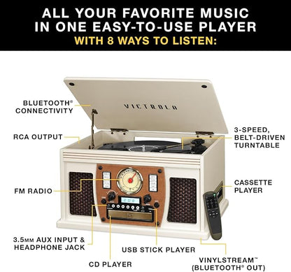 Victrola Navigator 8-in-1 Bluetooth Record Player with Built-in Speakers – 3 Speed Turntable, CD Player, Cassette, FM Radio, USB, RCA Out, Headphone Jack, Wireless Music Streaming, Real Wood (White)