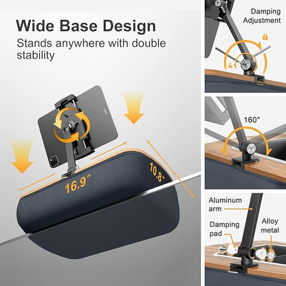 Lap Beanbag Tablet Pillow Stand,Adjustable iPad Holder with Snack Bowl,360° Rotating Clip for 4.7-13" Kindle,Phone,Tablet.Ideal for Hands-Free Reading and Relaxation on Bed,Couch,Recliner,Gray