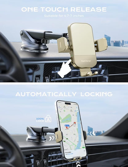 CHGeek Wireless Car Charger, 15W Fast Charging Auto Clamping Car Charger Phone Mount Phone Holder fit for iPhone 15 14 13 12 11 Pro Max Xs, Samsung Galaxy S25 Ultra S24 S23 S22, S21, S20, Khaki