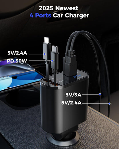 Retractable Car Charger 4 in 1 Fast Car Phone Charger Adapter with Type C & Apple Cords Compatible with iPhone 17/16/15/14/13/12/11, Galaxy, Pixel