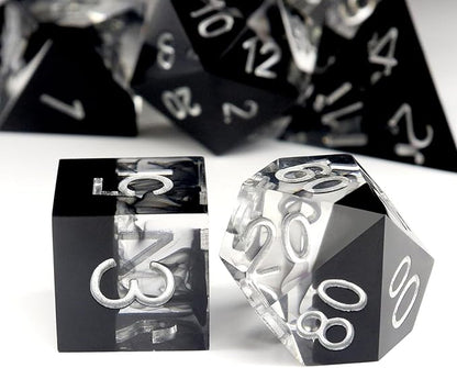 Haxtec Sharp Edge DND Dice Set Black Swirls Resin Dice with Dice Case D&D Dice for RPG Role Playing Games Compatible with Dungeons and Dragons Gifts