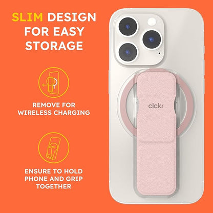 CLCKR Finger Phone Grip for MagSafe Stand, Phone Grip Loop Holder with Kickstand, Magnetic Phone Grip Holder, for iPhone 16/15/14/13/12 Pro Max Plus Series, Clear Pink