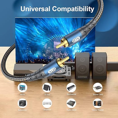 EMK Subwoofer Cable RCA to RCA Audio Cable 24K Gold-Plated Nylon Braided Double Shielded Digital Analogue Supports Amplifiers,Home Theater,Hi-Fi Systems,Subwoofer(25ft/8m)