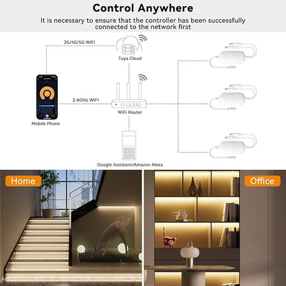 PAUTIX 2-Way RF WiFi Smart Remote Dimmer for Single Color LED Strip Lights,Work with Alexa and Google,14-Key Wireless Remote,DC 12-24V Controller for 3528/2835/5050/COB LED Strip Light(One to Two Way)